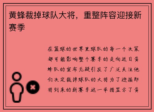黄蜂裁掉球队大将，重整阵容迎接新赛季