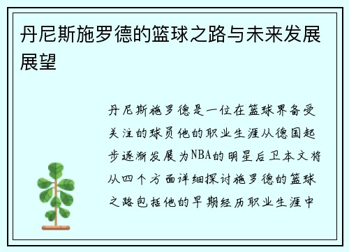 丹尼斯施罗德的篮球之路与未来发展展望
